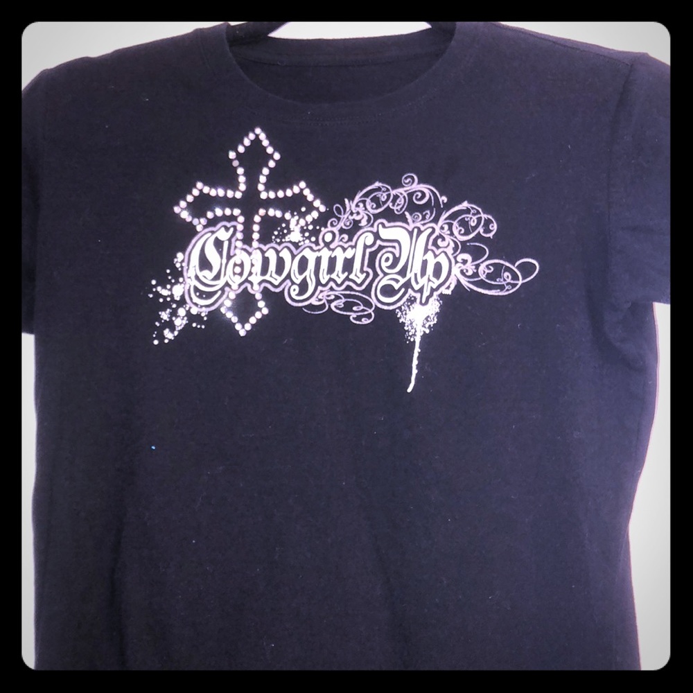 Black Tee Shirt “Cowgirl up” wording